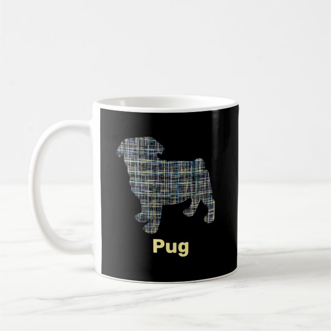 Mops Hund Silhouette Gelb & Blau Grid Kaffeetasse (Links)