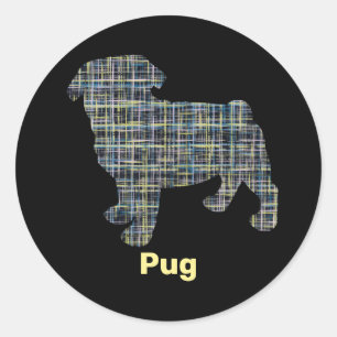 Mops Hund Silhouette Gelb & Blau Grid Runder Aufkleber