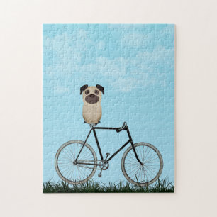 Mops-Hund sitzt auf einem Vintage-Fahrrad Puzzle