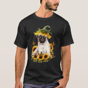 Mops Hund Sonnenblume Schmetterling Süßer Hund T-Shirt