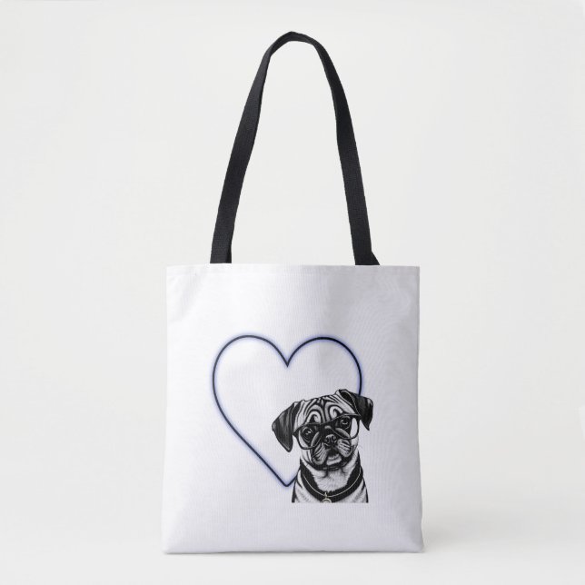 Mops Hund tragen Brille Blue Heart Design Tote Bag Tasche (Vorderseite)