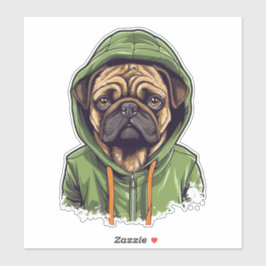Mops Hund trägt grüne Hoodie Aufkleber