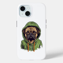 Mops Hund trägt grüne Hoodie