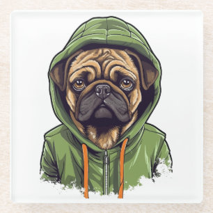 Mops Hund trägt grüne Hoodie Glasuntersetzer
