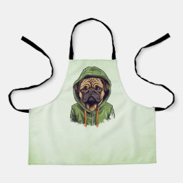 Mops Hund trägt grüne Hoodie Schürze