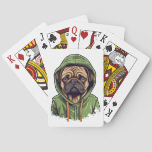 Mops Hund trägt grüne Hoodie Spielkarten