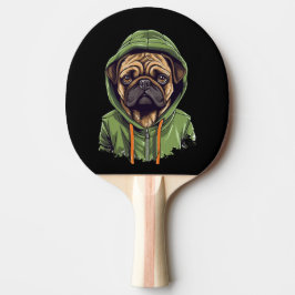 Mops Hund trägt grüne Hoodie Tischtennis Schläger