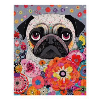 Mops Hund und Blume 001 - Schneidereichen Poster