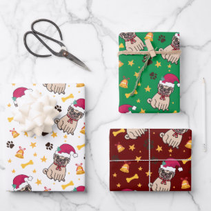 Mops Hund und Weihnachtsmannmütze Weihnachten Geschenkpapier Set