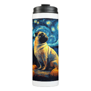 Mops Hund von van gogh Sternennacht Halloween Lust Thermosbecher