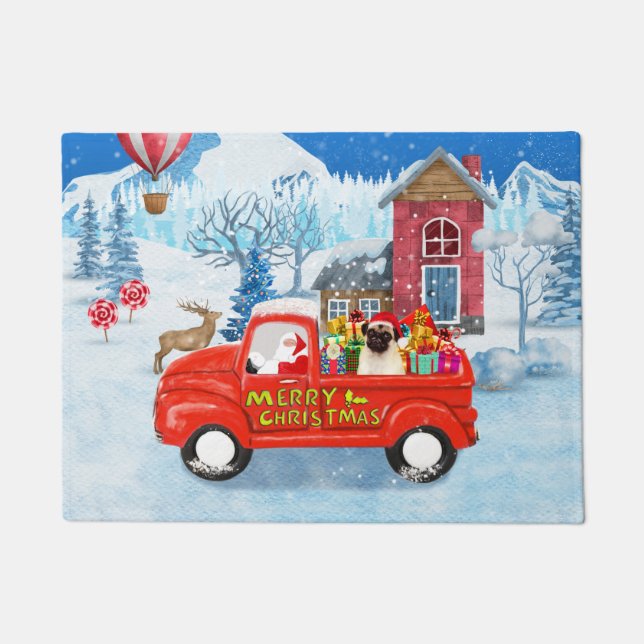 Mops Hund Weihnachtslieferung LKW Schnee Fußmatte (Vorderseite)