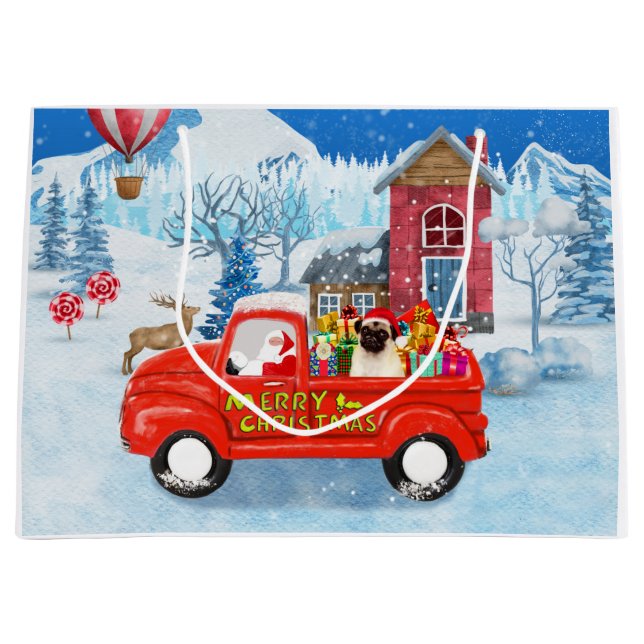 Mops Hund Weihnachtslieferung LKW Schnee Große Geschenktüte (Vorderseite)