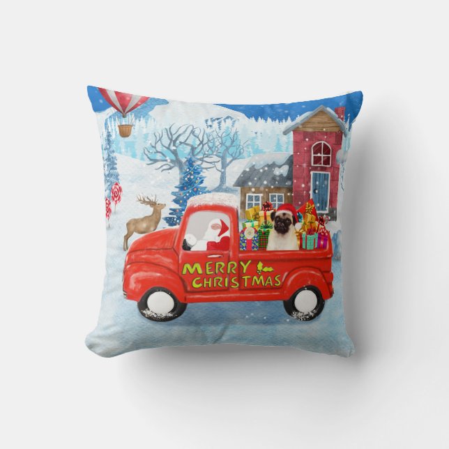 Mops Hund Weihnachtslieferung LKW Schnee Kissen (Vorderseite)