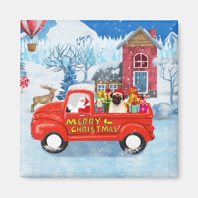 Mops Hund Weihnachtslieferung LKW Schnee Magnet (Vorne)