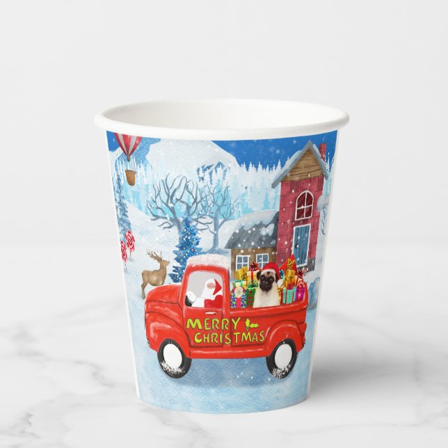 Mops Hund Weihnachtslieferung LKW Schnee Pappbecher (Vorderseite)