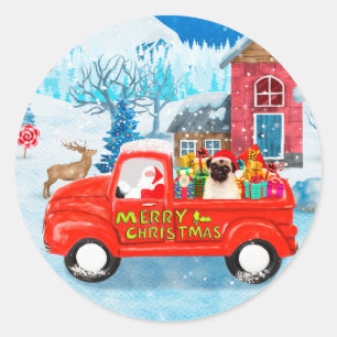Mops-Hund-Weihnachtslieferwagen Schnee Runder Aufkleber
