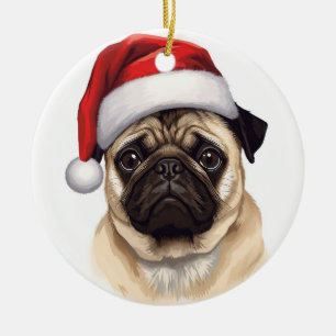 Mops-Hund Weihnachtsmann Hut Frohe Weihnachten Kun Keramik Ornament