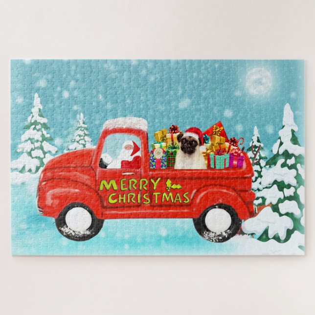 Mops Hund Weihnachtsmann Lieferwagen (Horizontal)