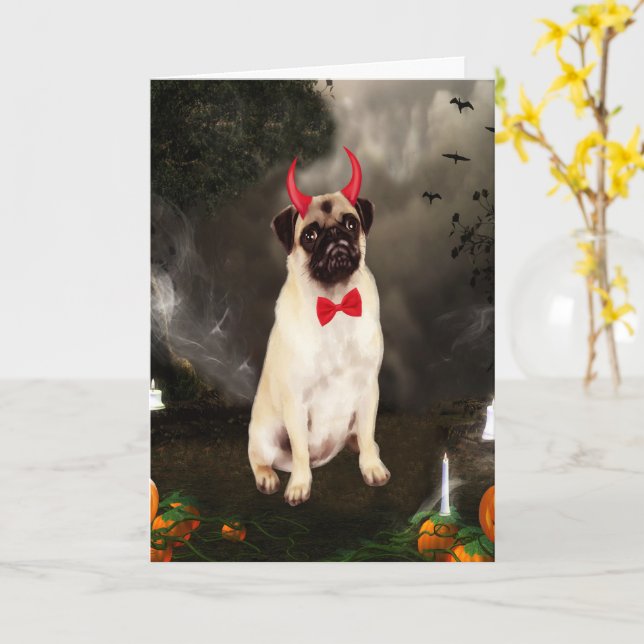 Mops Hund zu Halloween Karte (Gelbe Blume)