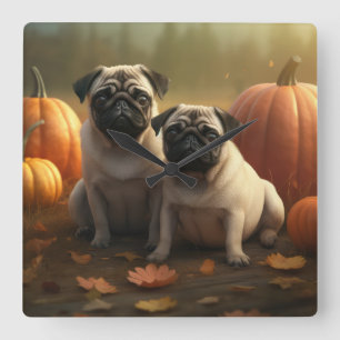 Mops-Hündchen Herbstfreude Kürbis Quadratische Wanduhr