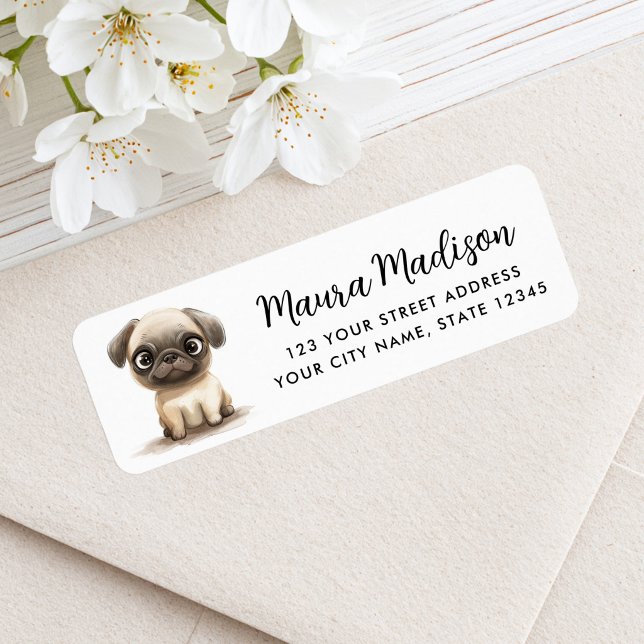 Mops Hunde Aquarellbilder Rücksendeadresse (Pug dog watercolor illustration return address label)