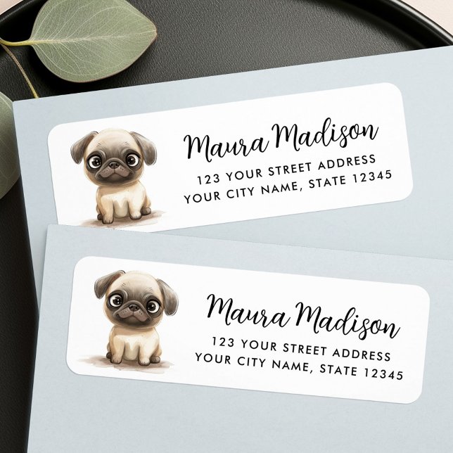 Mops Hunde Aquarellbilder Rücksendeadresse (Pug dog watercolor illustration return address label)