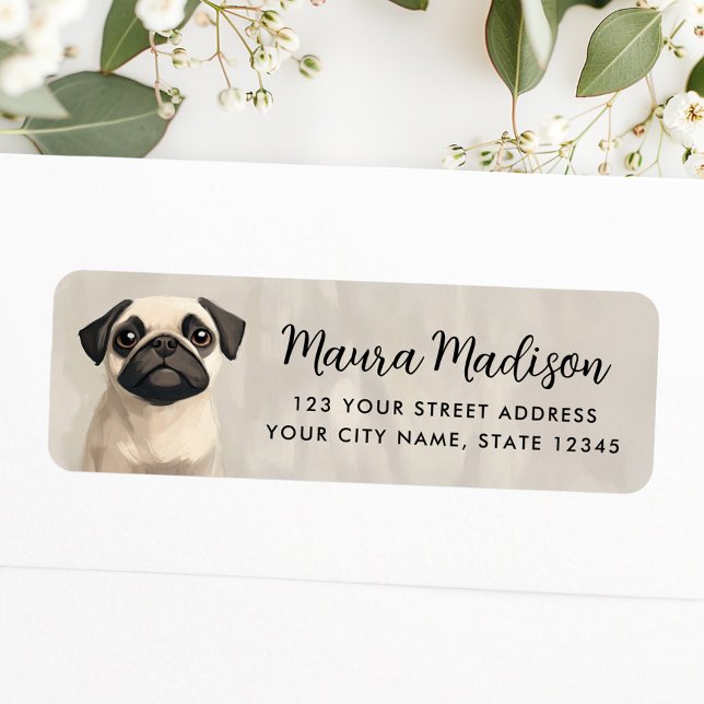 Mops-Hunde-Illustration Ölmalerei Rücksendeadresse (Pug dog illustration oil painting return address label)