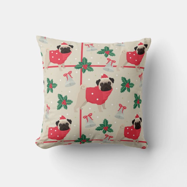 Mops Hunde mit Sweater & Christmas Weihnachtsmannm Kissen (Vorderseite)