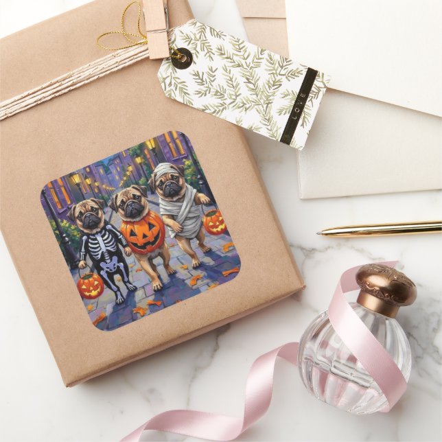 Mops Hunde Trick-oder-Treating in Halloween-Kostüm Quadratischer Aufkleber (Schenken)