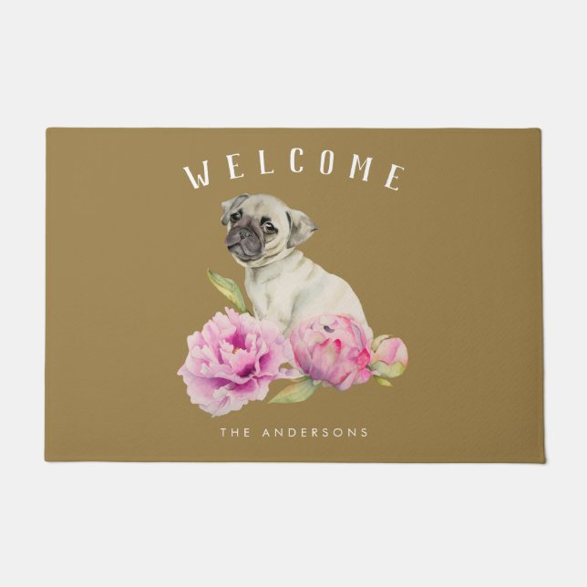 Mops-Hundeblumenwillkommen | addieren Fußmatte (Vorderseite)