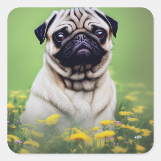 Mops im Bereich der Blume Quadratischer Aufkleber (Vorderseite)