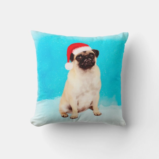 Mops im Schnee sitzen mit Weihnachten Weihnachtsma Kissen (Vorderseite)