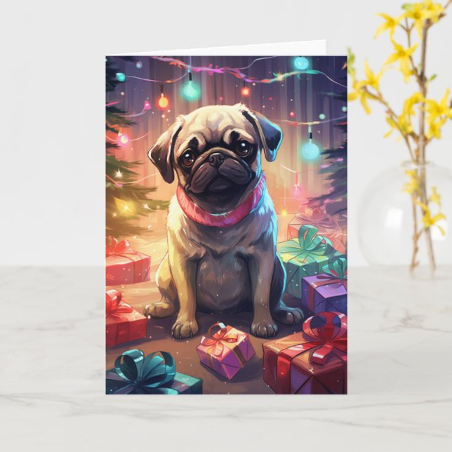 Mops im Weihnachtsspajamas am Baum Karte (Gelbe Blume)