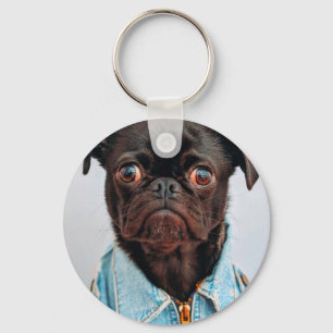 Mops in Denim Jackey Niedlich Adorable Doppy Puppy Schlüsselanhänger
