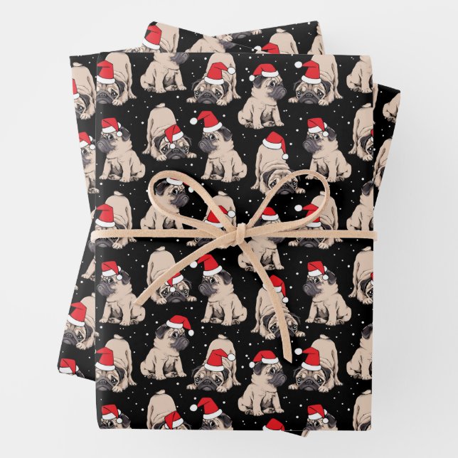 Mops in Weihnachtsmannmützen Weihnachtsmuster Geschenkpapier Set (Beispiel)