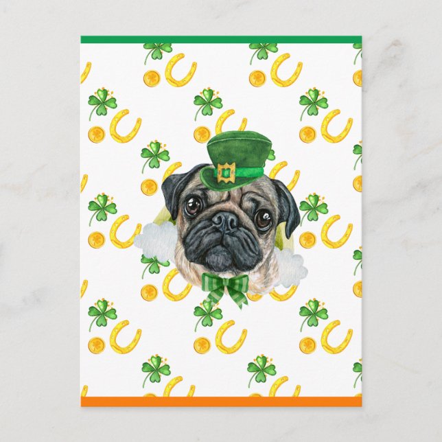 Mops Kleeblatt St. Patricks Day Feiertagspostkarte (Vorderseite)