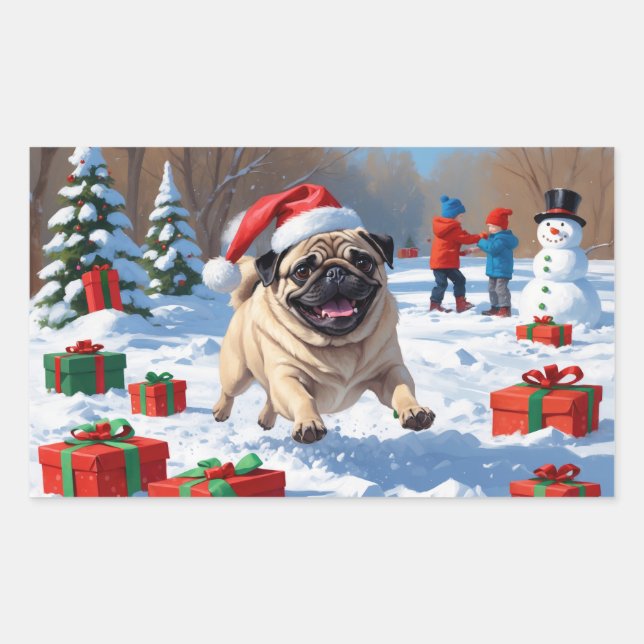 Mops läuft im Schnee mit Weihnachtshut Rechteckiger Aufkleber (Vorderseite)