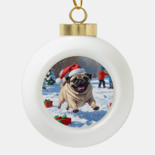 Mops läuft im Schnee mit Weihnachtsmütze Keramik Kugel-Ornament