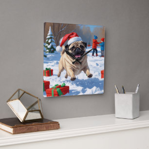 Mops läuft im Schnee mit Weihnachtsmütze Quadratische Wanduhr