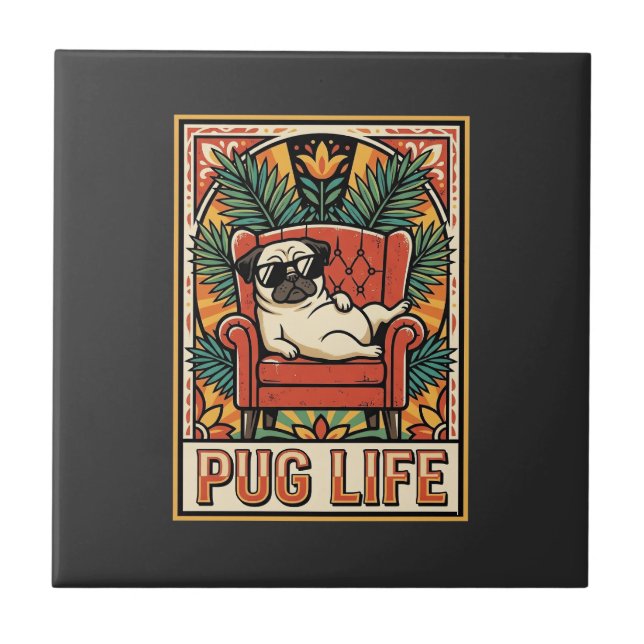 Mops Leben Retro-Folk-Art-Hund Fliese (Vorderseite)