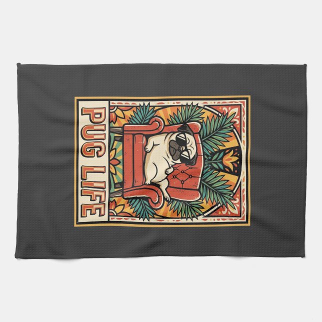 Mops Leben Retro-Folk-Art-Hund Geschirrtuch (Horizontal)