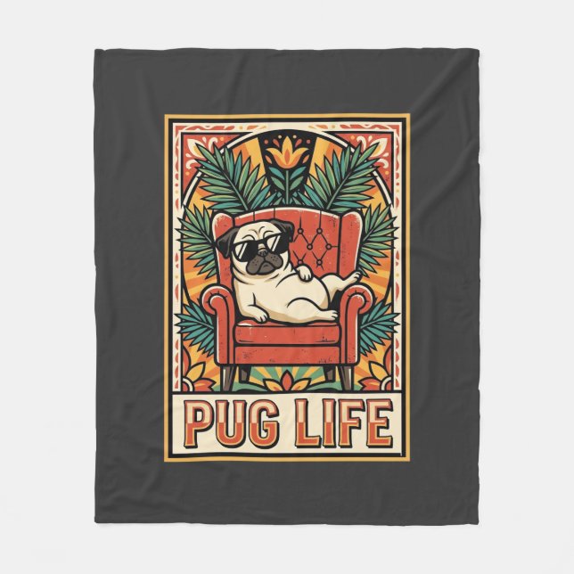 Mops Leben Retro-Folklore-Kunst Hund Fleecedecke (Vorderseite)