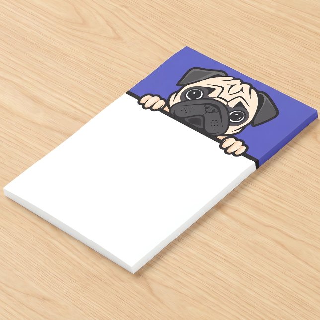 Mops Lover Niedlich Peeking Welpen Dog Geschenke Post-it Klebezettel (Cute pug notepad for pug dog lovers, on a desk.)