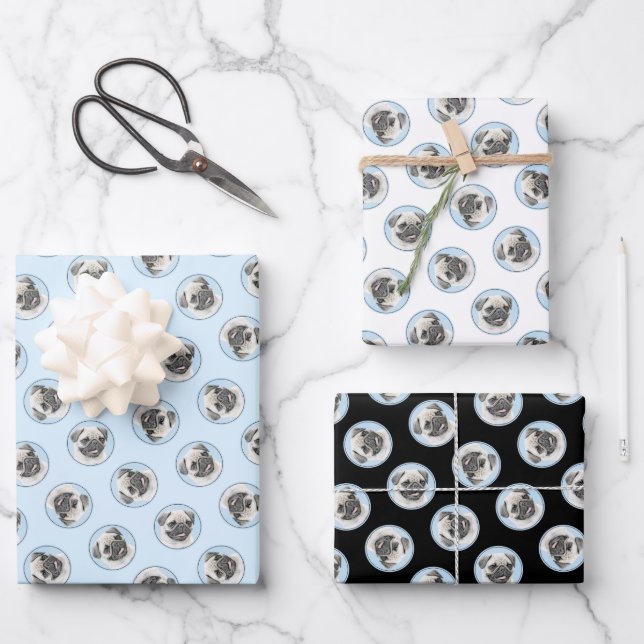 Mops Malerei Fawn Silver Niedlich Original Haustie Geschenkpapier Set (Vorderseite)