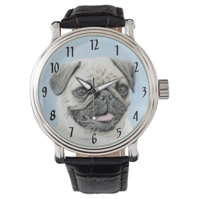 Mops Malerei - Niedliche Original Hunde Kunst Armbanduhr (Vorderseite)