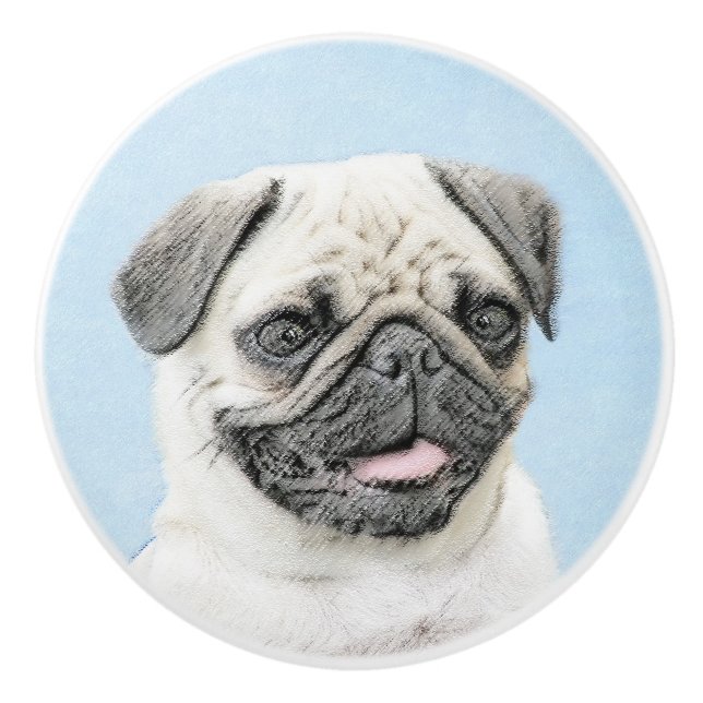 Mops Malerei - Niedliche Original Hunde Kunst Keramikknauf (Vorderseite)