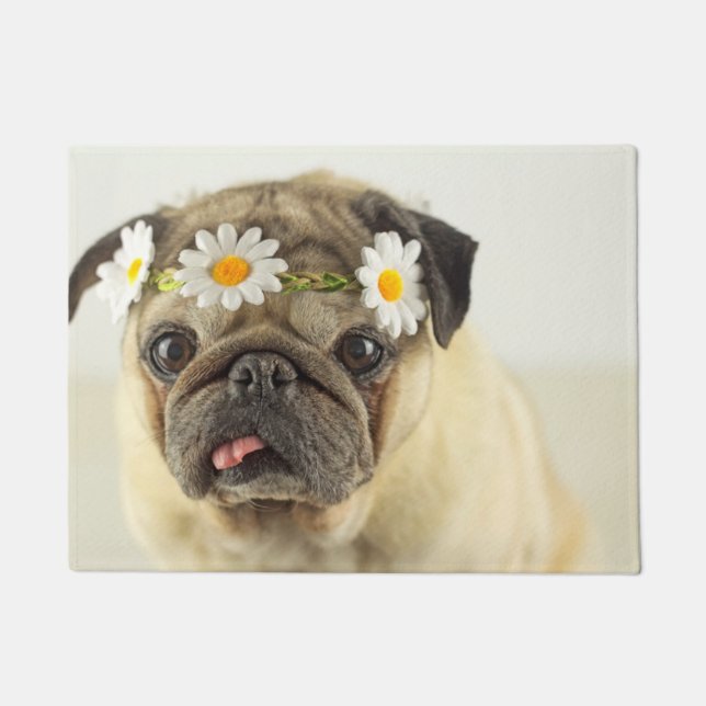 Mops mit Daisy Crown Fußmatte (Vorderseite)