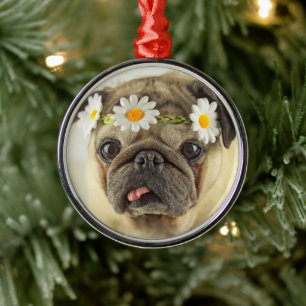 Mops mit Daisy Crown Ornament Aus Metall