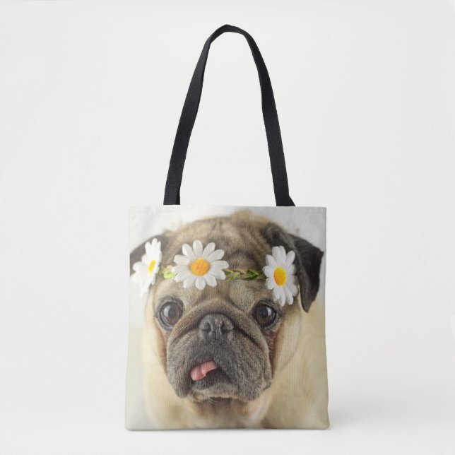 Mops mit Daisy Crown Tasche (Vorderseite)