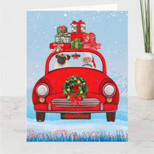 Mops mit dem Weihnachtsmann im Auto Karte